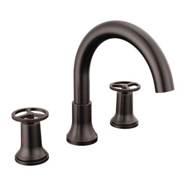 Click here to see Delta T2758-RB Delta Trinsic Two-Handle Roman Tub Faucet Trim, High Arc Spout, Wheel Handles, Venetian Bronze - T2758-RB