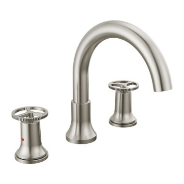 Click here to see Delta T2758-SS Delta Trinsic Two-Handle Roman Tub Faucet Trim, Three-Hole Deck Mount, High Arc Spout, Wheel Handles, 1.75 GPM Flow Rate, Stainless - T2758-SS