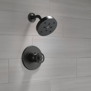 Click here to see Delta T14258-BL Delta Trinsic Monitor 14 Series Single-Handle H2Okinetic Shower Faucet with Raincan Shower Head, 1.75 GPM, Wheel Handle, Matte Black - T14258-BL
