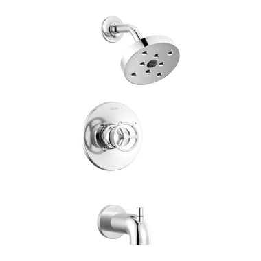 Click here to see Delta T14458 Delta Trinsic Monitor 14 Series H2Okinetic Tub/Shower Faucet with Rain Showerhead, Single-Handle, 1.75 GPM, Wheel Handle, Chrome - T14458