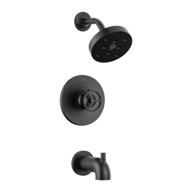 Click here to see Delta T14458-BL Delta Trinsic Monitor 14 Series H2Okinetic Tub/Shower Faucet with Rain Showerhead, Single-Handle, 1.75 GPM, Wheel Handle, Matte Black - T14458-BL
