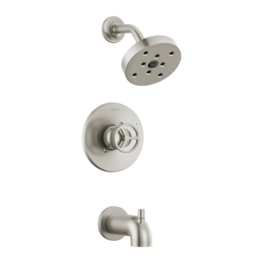 Click here to see Delta T14458-SS Delta Trinsic Monitor 14 Series H2Okinetic Tub/Shower Faucet with Rain Showerhead, Single-Handle, 1.75 GPM, Wheel Handle, Stainless - T14458-SS