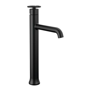 Click here to see Delta 758-BL-DST Delta Trinsic Tube Spout Matte Black Vessel Lavatory Faucet, Less Drain, 1.2 GPM, Single-Handle, DIAMOND Seal, Wheel Handle - 758-BL-DST