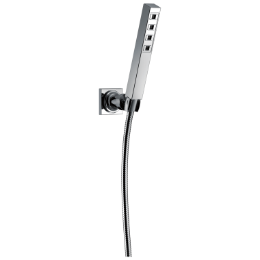 Click here to see Delta 55567-PR Delta Ara Single-Function Lumicoat Chrome Adjustable Wall-Mount Hand Shower with Square Wall Bracket and Stretchable Metal Hose, 1.75 GPM, H2Okinetic - 55567-PR