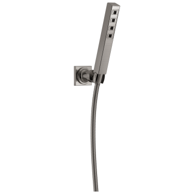 Click here to see Delta 55567-SS-PR Delta Ara Single-Function Lumicoat Stainless Adjustable Wall-Mount Hand Shower with Square Wall Bracket and Stretchable Metal Hose, 1.75 GPM, H2Okinetic - 55567-SS-PR