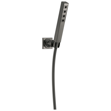 Click here to see Delta 55567-KS-PR Delta Ara Single-Function Lumicoat Black Stainless Adjustable Wall-Mount Hand Shower with Square Wall Bracket and Stretchable Metal Hose, 1.75 GPM, H2Okinetic - 55567-KS-PR