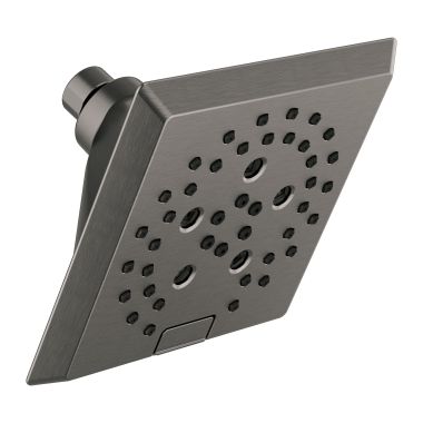 Click here to see Delta 52664-KS-PR Delta H2Okinetic 5-Setting Angular Modern Raincan Shower Head, 1.75 GPM, Lumicoat Black Stainless - 52664-KS-PR