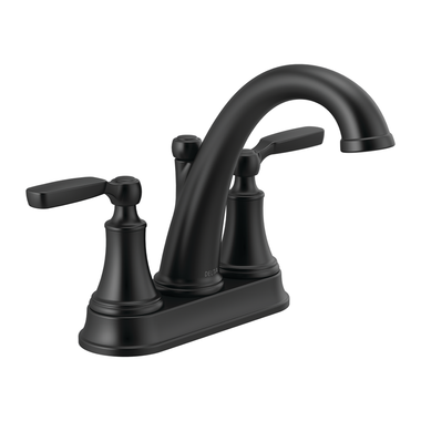 Click here to see Delta 2532LF-BLMPU Delta Woodhurst Two-Handle Centerset Bathroom Faucet with Metal Pop-Up, Deck Mount, Lever Handles, 1.2 GPM, Matte Black - 2532LF-BLMPU