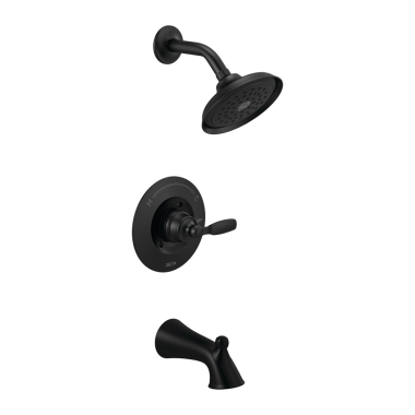 Click here to see Delta T14432-BL Delta Woodhurst Monitor 14 Series Single-Handle Tub/Shower Faucet with Rain Showerhead, Touch-Clean, 1.75 GPM, Lever Handle, Matte Black - T14432-BL