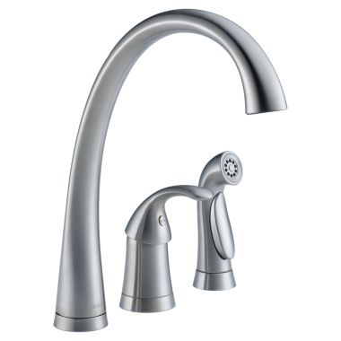 Click here to see Delta 4380-AR-DST Delta 4380-AR-DST Pilar Single-Handle Kitchen Faucet w/ Side Spray, 3 Holes, Arctic Stainless