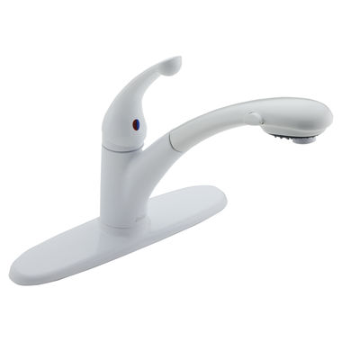 Click here to see Delta 470-WH-DST Delta Signature Single Handle Pull-Out Kitchen Faucet, White - 470-WH-DST