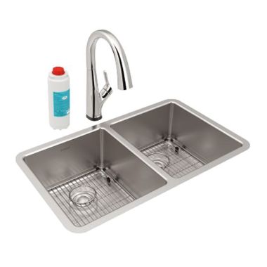 Click here to see Elkay ELUH3118TFLC Elkay ELUH3118TFLC Lustertone Iconix Double Bowl Undermount Kitchen Sink Kit with Filtered Faucet - Stainless Steel