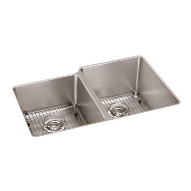 Click here to see Elkay ELUH3120LTDBG Elkay ELUH3120LTDBG Lustertone Iconix Double Bowl Undermount Kitchen Sink Kit, Left Small Bowl - Luminous Satin