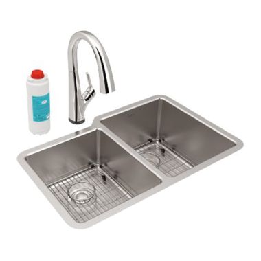 Click here to see Elkay ELUH3120LTFLC Elkay ELUH3120LTFLC Lustertone Iconix Double Bowl Undermount Kitchen Sink Kit with Filtered Faucet, Left Small Bowl - Stainless Steel