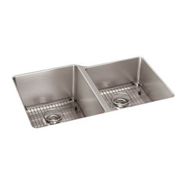 Click here to see Elkay ELUH3120RTDBG Elkay ELUH3120RTDBG Lustertone Iconix Double Bowl Undermount Kitchen Sink Kit, Right Small Bowl - Luminous Satin