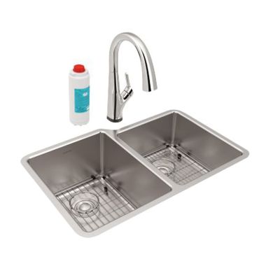 Click here to see Elkay ELUH3120RTFLC Elkay ELUH3120RTFLC Lustertone Iconix Double Bowl Undermount Kitchen Sink Kit with Filtered Faucet, Right Small Bowl - Stainless Steel