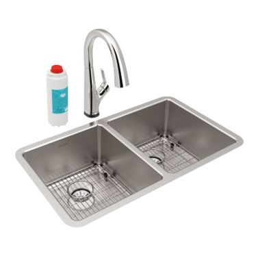 Click here to see Elkay ELUHH3118TPDFLC Elkay Lustertone Iconix Double Bowl Undermount Sink Kit with Filtered Faucet and Perfect Drain, Stainless Steel - ELUHH3118TPDFLC 