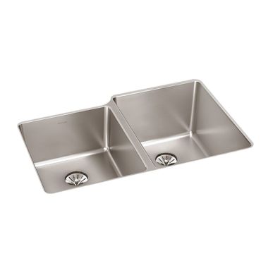 Click here to see Elkay ELUHH3120LTPD Elkay ELUHH3120LTPD Lustertone Iconix Double Bowl Undermount Kitchen Sink with Perfect Drain, Left Small Bowl - Luminous Satin