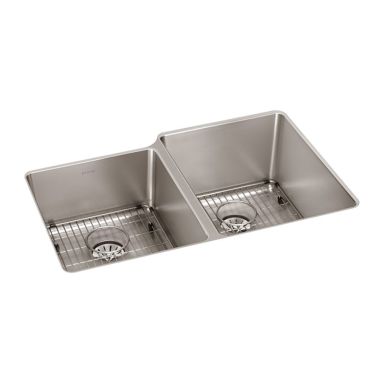 Click here to see Elkay ELUHH3120LTPDBG Elkay Lustertone Iconix Double Bowl Undermount Kitchen Sink Kit with Perfect Drain, Left Small Bowl, Luminous Satin - ELUHH3120LTPDBG 