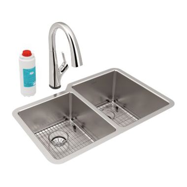 Click here to see Elkay ELUHH3120LTPFLC Elkay Lustertone Iconix Double Bowl Undermount Sink Kit with Filtered Faucet and Perfect Drain, Left Small Bowl, Stainless Steel - ELUHH3120LTPFLC 