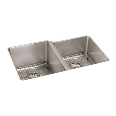 Click here to see Elkay ELUHH3120RTPDBG Elkay ELUHH3120RTPDBG Lustertone Iconix Double Bowl Undermount Sink Kit with Perfect Drain, Right Small Bowl - Luminous Satin