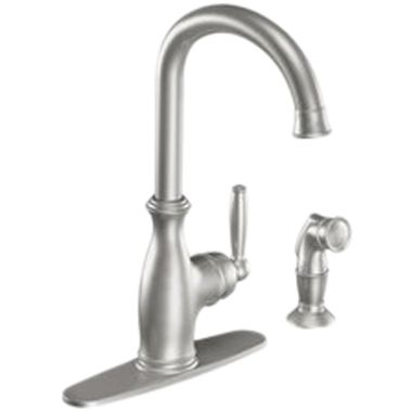 Click here to see Moen 7735CSL Moen Brantford One-Handle High-Arc Kitchen Faucet w/ Side Spray, Classic Stainless - 7735CSL