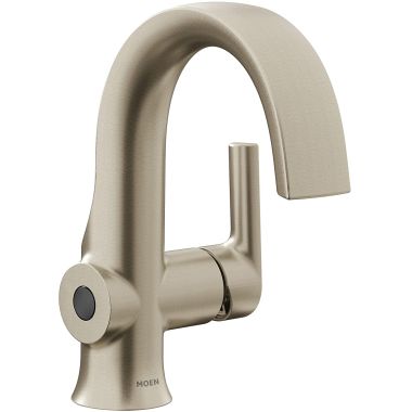 Click here to see Moen S6910EWBN Moen Doux Single-Handle High Arc Brushed Nickel Bathroom Faucet with Metal Spring Pop-Up, Batteries, and Deckplate, MotionSense Wave, 1.2 GPM, Single-Hole - S6910EWBN