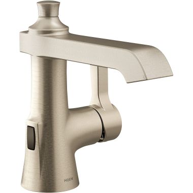 Click here to see Moen S6981EWBN Moen Flara Single-Handle Digital High Arc Brushed Nickel Lavatory Faucet with Metal Spring Pop-Up and Batteries, MotionSense Wave, 1.2 GPM, Single-Hole - S6981EWBN 