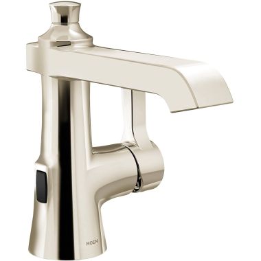 Click here to see Moen S6981EWNL Moen Flara Single-Handle Digital High Arc Polished Nickel Lavatory Faucet with Metal Spring Pop-Up and Batteries, MotionSense Wave, 1.2 GPM, Single-Hole - S6981EWNL 