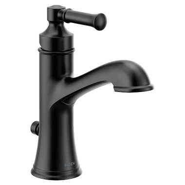 Click here to see Moen 6803BL Moen Dartmoor Single-Handle High Arc Bathroom Faucet with Deckplate and Metal Pop-Up, 1.2 GPM, Pivot Action Lever Handle, Matte Black - 6803BL