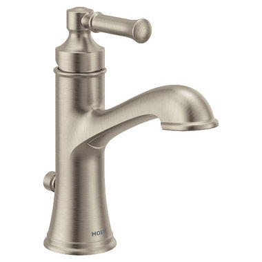 Click here to see Moen 6803BN Moen Dartmoor Single-Handle High Arc Bathroom Faucet with Deckplate and Metal Pop-Up, 1.2 GPM, Pivot Action Lever Handle, Brushed Nickel - 6803BN