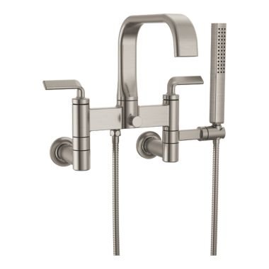 Click here to see Brizo T70367-NK Brizo Allaria Two-Handle Multi-Mount Tub Faucet Trim with Hand Shower, 2-Hole, 1.75 GPM, Twist Lever Handles, ADA, Brilliance Luxe Nickel - T70367-NK