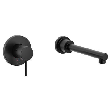 Click here to see Moen WT391BL Moen Align Single-Handle Wall-Mount Tub Faucet, Non-Diverter, 10in Ultrathin Tub Spout, Lever Handle, 8GPM, Matte Black - WT391BL