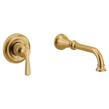 Click here to see Moen WTS44501BG Moen Colinet Single-Handle Wall-Mount Tub Faucet, Non-Diverter, 10in Tub Spout, Lever Handle, Brushed Gold - WTS44501BG