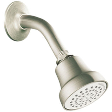 Click here to see Cleveland Faucet 42916BNGR Cleveland Faucet Cornerstone 2in Single-Function Shower Head with Arm and Flange, Round, Wall-Mount, WaterSense, 1.75 GPM, LifeShine Brushed Nickel - 42916BNGR