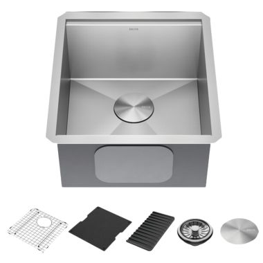 Click here to see Delta 95B9031-17S-SS Delta Rivet 17” x 19” x 9-1/2” Single Bowl Undermount Workstation Bar Sink Kit, Stainless Steel - 95B9031-17S-SS