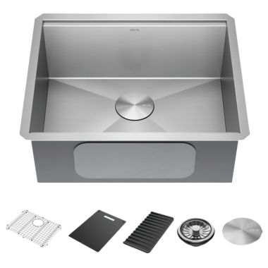 Click here to see Delta 95B9031-23S-SS Delta Rivet 23” x 19” x 9-1/2” Single Bowl Undermount Workstation Kitchen Sink Kit, Stainless Steel - 95B9031-23S-SS