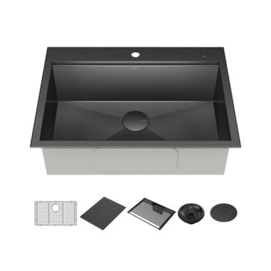 Click here to see Delta 95A9031-T30S-GS Delta Rivet 30in x 22in x 9-1/2in Single Bowl Drop-In Workstation Kitchen Sink with WorkFlow Ledge And Accessories, 16 Gauge, PVD Gunmetal - 95A9031-T30S-GS