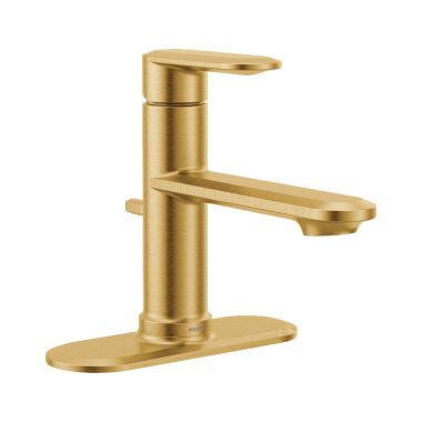 Click here to see Moen 6504BG Moen Greenfield Single Lever Handle Brushed Gold Bathroom Faucet, Deck Plate Included, ADA Lever Handle, WaterSense Certified, 1.2 GPM - 6504BG