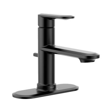 Click here to see Moen 6504BL Moen Greenfield Single Lever Handle Matte Black Bathroom Faucet, Deck Plate Included, ADA Lever Handle, WaterSense Certified, 1.2 GPM - 6504BL