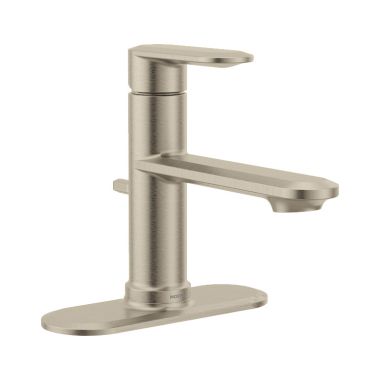 Click here to see Moen 6504BN Moen Greenfield Single Lever Handle Brushed Nickel Bathroom Faucet, Deck Plate Included, ADA Lever Handle, WaterSense Certified, 1.2 GPM - 6504BN