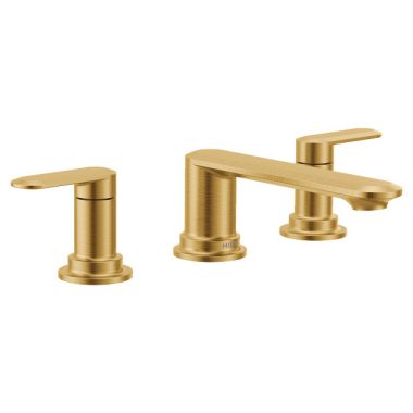 Click here to see Moen T6503BG Moen Greenfield Two-Handle Roman Tub Faucet, 10in Center, Lever Handles, Temperature Indicator, Brushed Gold - T6503BG