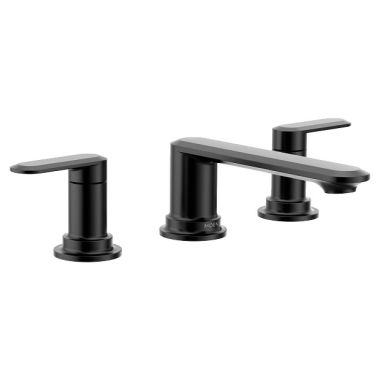 Click here to see Moen T6503BL Moen Greenfield Two-Handle Roman Tub Faucet, 10in Center, Lever Handles, Temperature Indicator, Matte Black - T6503BL