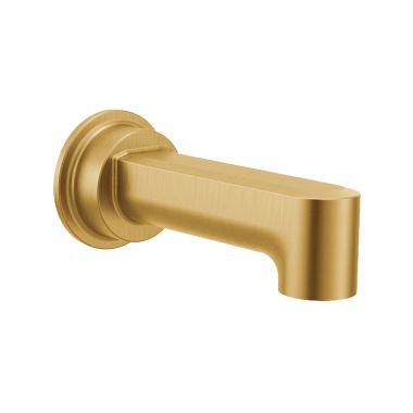 Click here to see Moen 4326BG Moen Greenfield 7-3/8-inch Wall Mounted Brushed Gold Non-Diverter Tub Spout with 1/2-inch Connection Size, Slip Fit - 4326BG