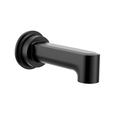 Click here to see Moen 4326BL Moen Greenfield 7-3/8-inch Wall Mounted Matte Black Non-Diverter Tub Spout with 1/2-inch Connection Size, Slip Fit - 4326BL