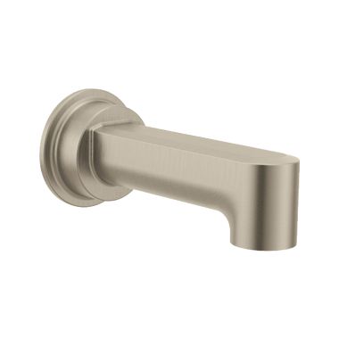 Click here to see Moen 4326BN Moen Greenfield 7-3/8-inch Wall Mounted Brushed Nickel Non-Diverter Tub Spout with 1/2-inch Connection Size, Slip Fit - 4326BN