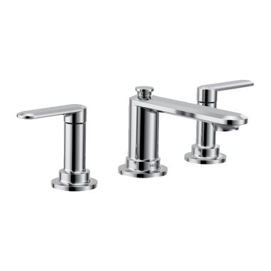 Click here to see Moen TV6507 Moen Greenfield Two-Handle Low-Arc Widespread Chrome Lavatory Sink Faucet Kit With Rough-In Valve, 1.2 GPM, 60 PSI, WaterSense, Lever Handles, Three-Holes - TV6507