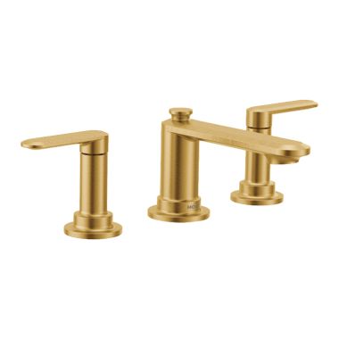 Click here to see Moen TV6507BG Moen Greenfield Two-Handle Low-Arc Widespread Brushed Gold Lavatory Sink Faucet Kit With Rough-In Valve, 1.2 GPM, 60 PSI, WaterSense, Three-Holes, Lever Handles - TV6507BG
