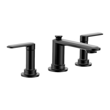 Click here to see Moen TV6507BL Moen Greenfield Two-Handle Low-Arc Widespread Matte Black Lavatory Sink Faucet Kit With Rough-In Valve, 1.2 GPM, 60 PSI, WaterSense, Lever Handles, Three-Holes - TV6507BL