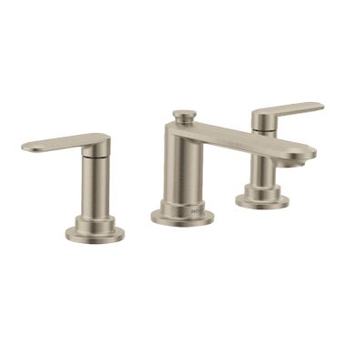 Click here to see Moen TV6507BN Moen Greenfield Two-Handle Low-Arc Widespread Brushed Nickel Lavatory Sink Faucet Kit With Rough-In Valve, 1.2 GPM, 60 PSI, Lever Handles, WaterSense, Three-Holes - TV6507BN